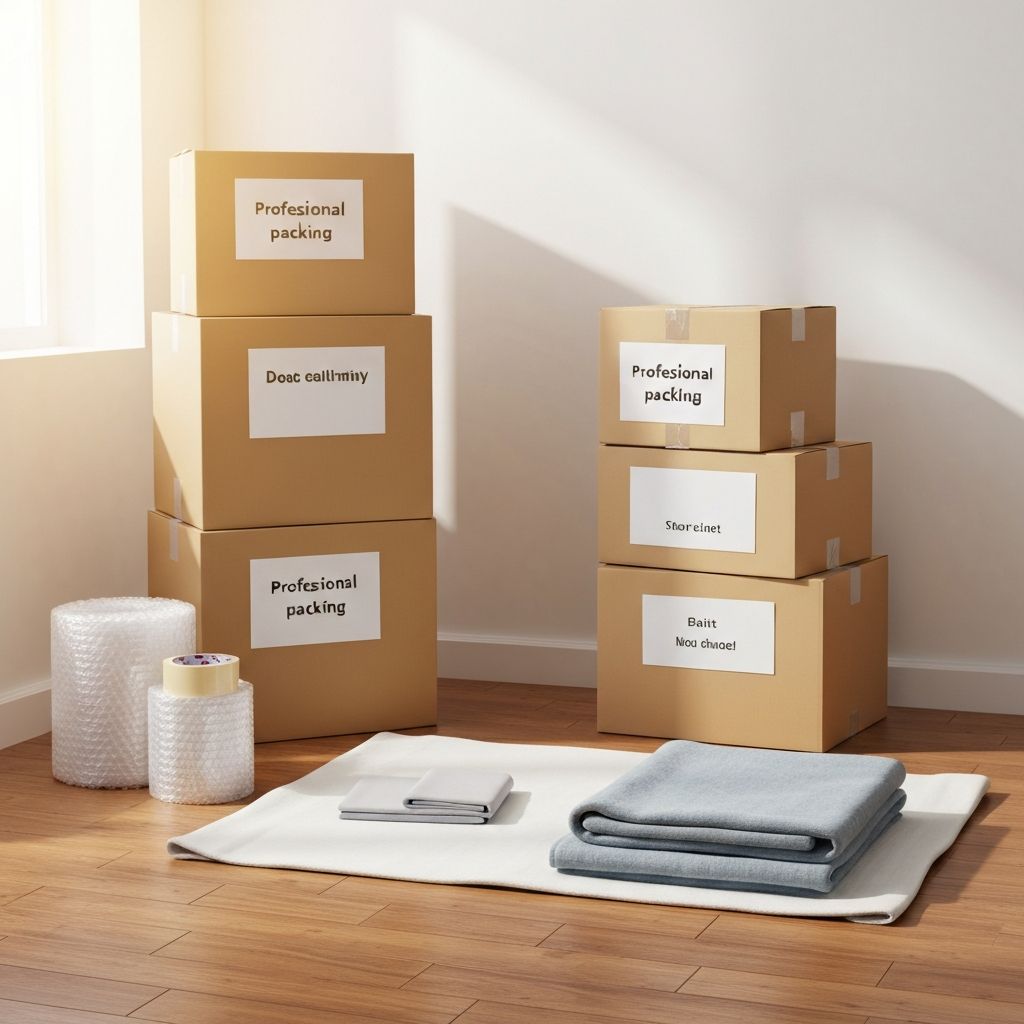 Professionally packed and labelled moving boxes ready for transport